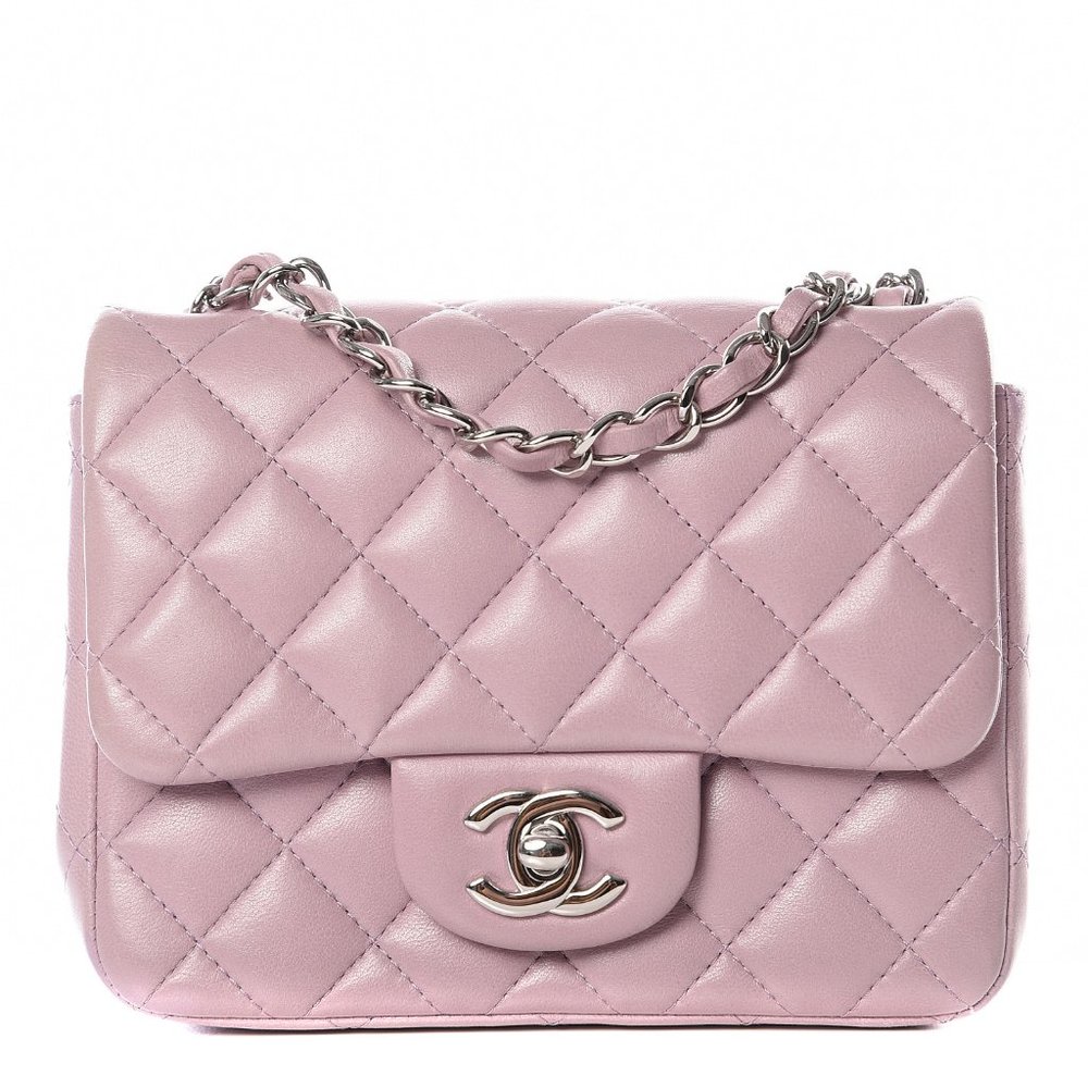Chanel Mini Square Lilac Purple Lambskin Flap Bag With Silver SHW